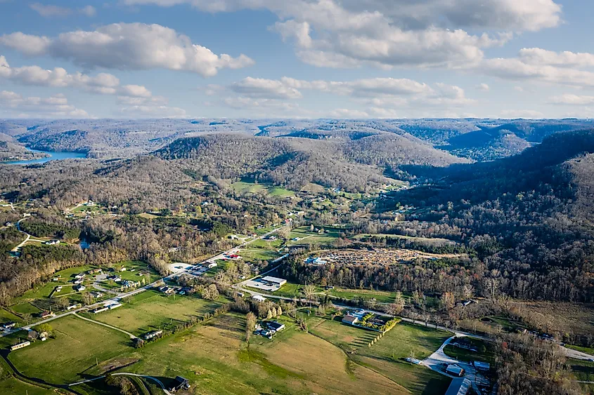 Scenic aerial view of Central Kentucky countryside near Berea.