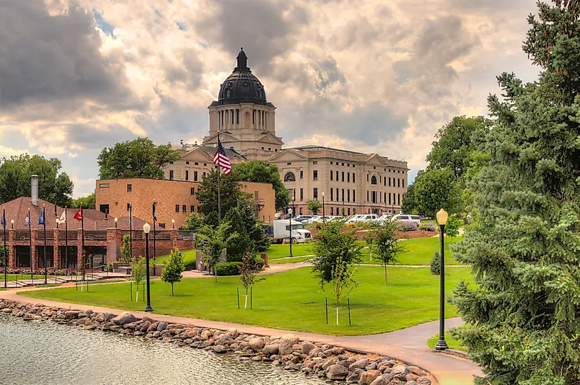 The South Dakota Capitol Building, a neoclassical structure located in Pierre, featuring its grand dome and architectural details.