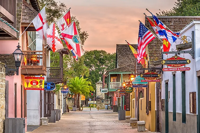 Shops and inns line St. George Street in St. Augustine, Florida.
