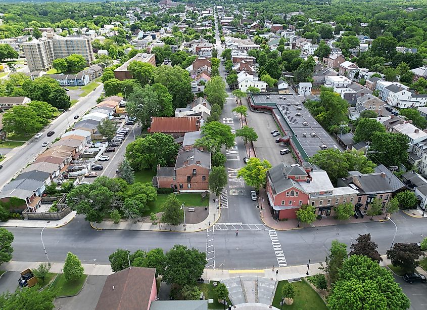 Aerial view of the historic district and its surroundings in Hudson, New York.