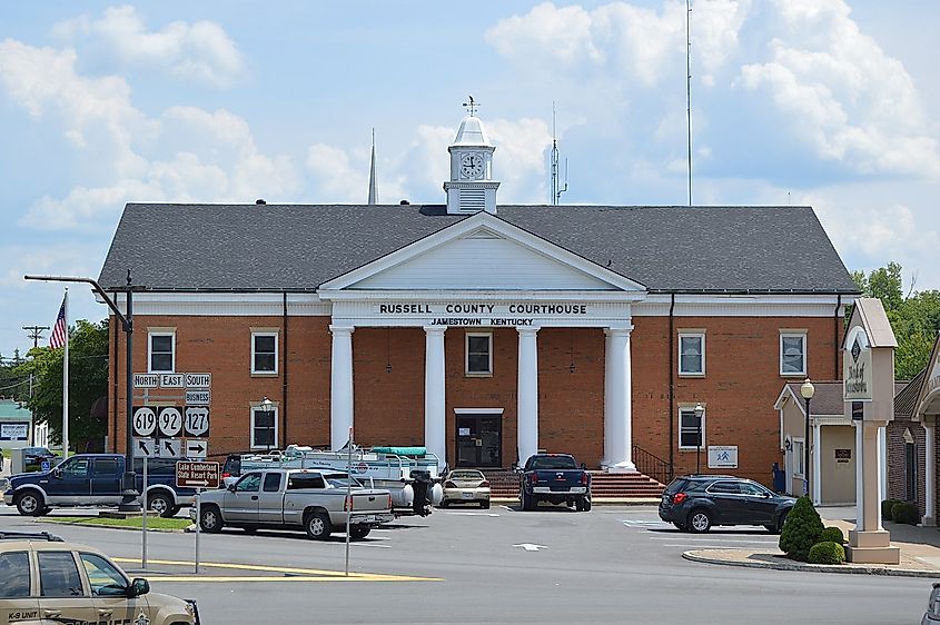 Front of the Russell County Courthouse, located at 402 Monument Square (Kentucky Route 92/619) in downtown Jamestown, Kentucky, United States