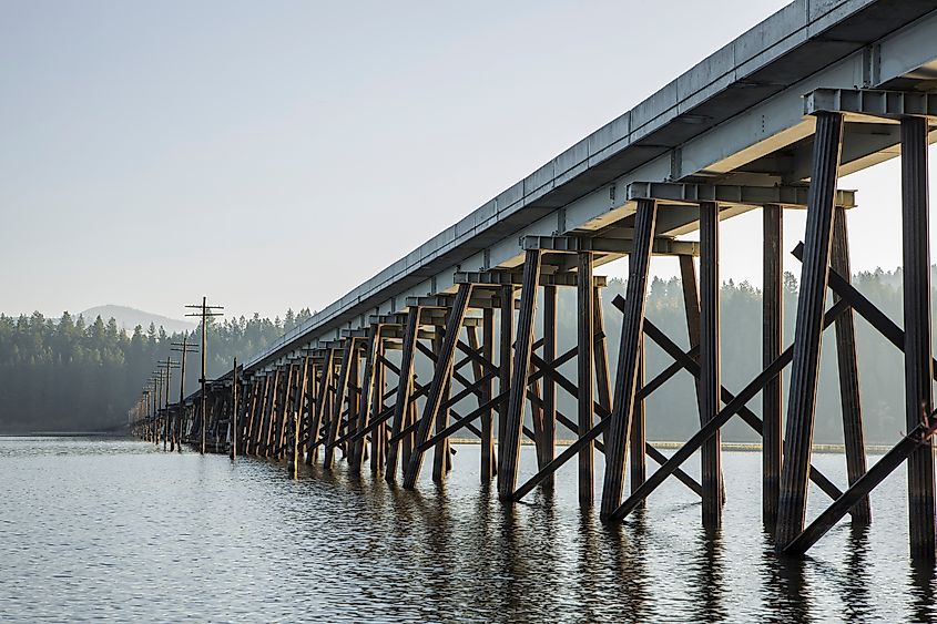 A railroad bridge spans across Benwah Lake near St. Maries, Idaho.