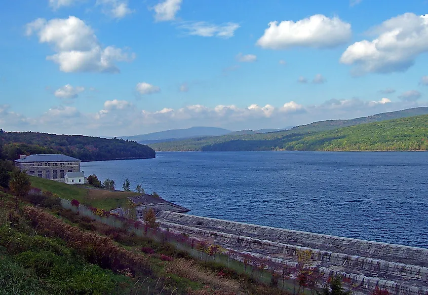 Rondout Reservoir, the central collection point for the Delaware Aqueduct, in the Catskill Mountains