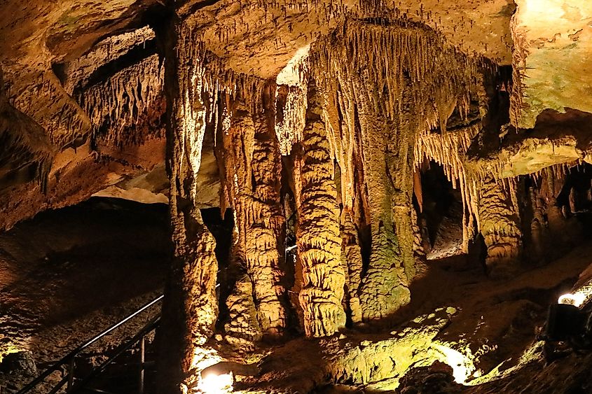 Stalactites and stalagmites inside Tuckaleechee Caverns