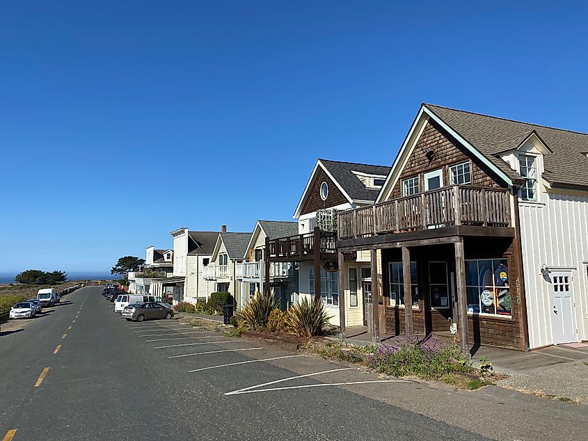 A weathered wooden surf shop kicks off Mendocino’s Main Street