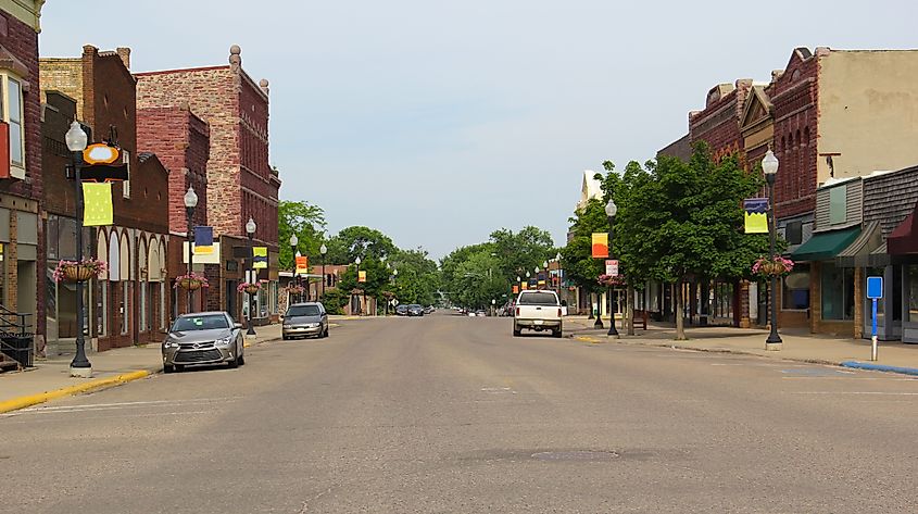 Main Street in Pipestone, Minnesota, on a summer afternoon.