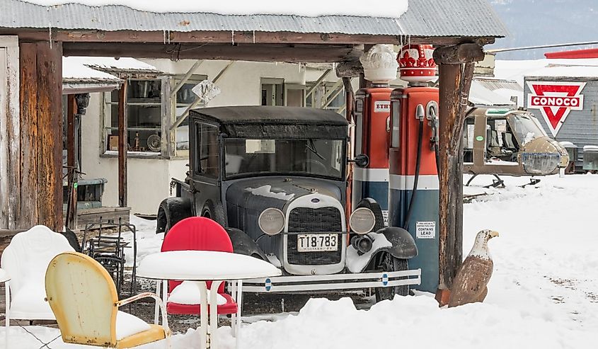 Antique Ford automobile at restored gas station, Miracle of America Museum, Polson, Montana.