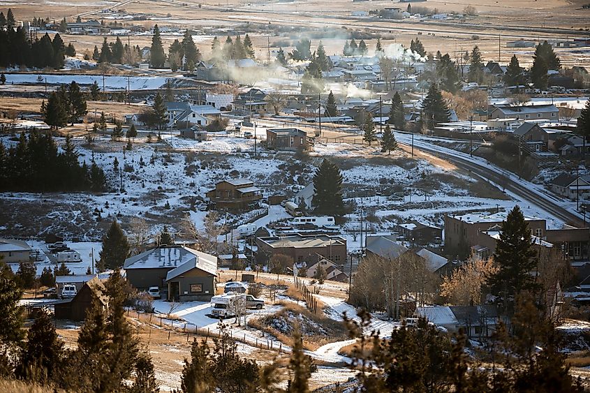 Aerial view of Phillipsburg, Montana in winter