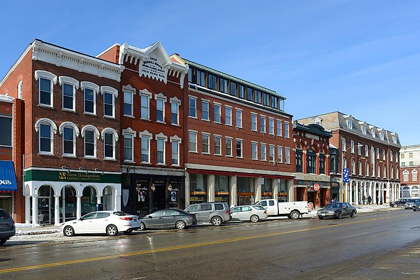Historic buildings along Main Street in Concord, New Hampshire.