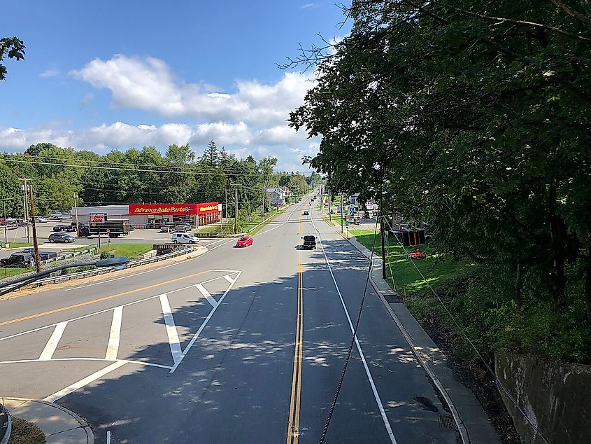 State Route 57 (Washington Avenue) from the overpass for the rail line between Railroad Avenue and Boulevard in Washington, Warren County, New Jersey