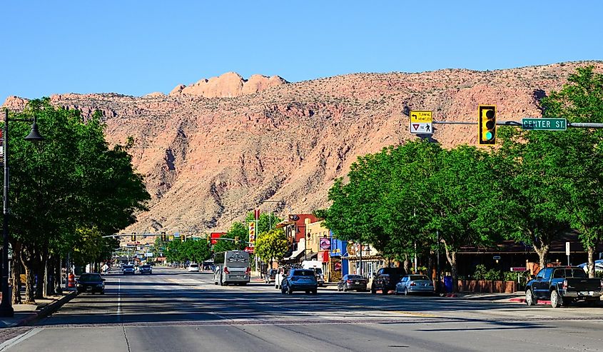 Panorama cityscape view along Main Street in Moab, Utah.