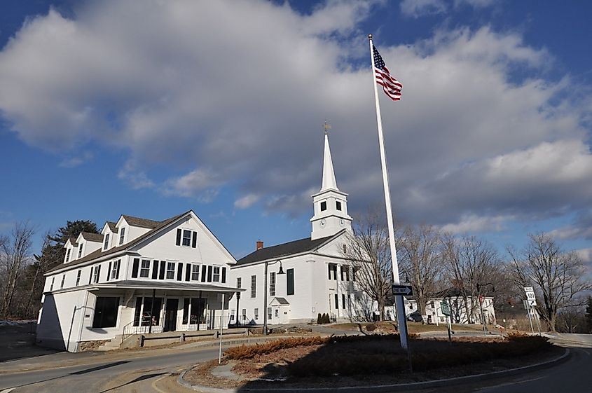 The church and rotary in the center of Dublin, New Hampshire