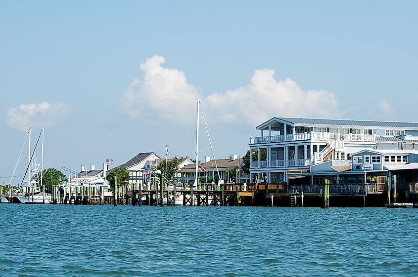 Waterfront homes along the coast in Beaufort, North Carolina.