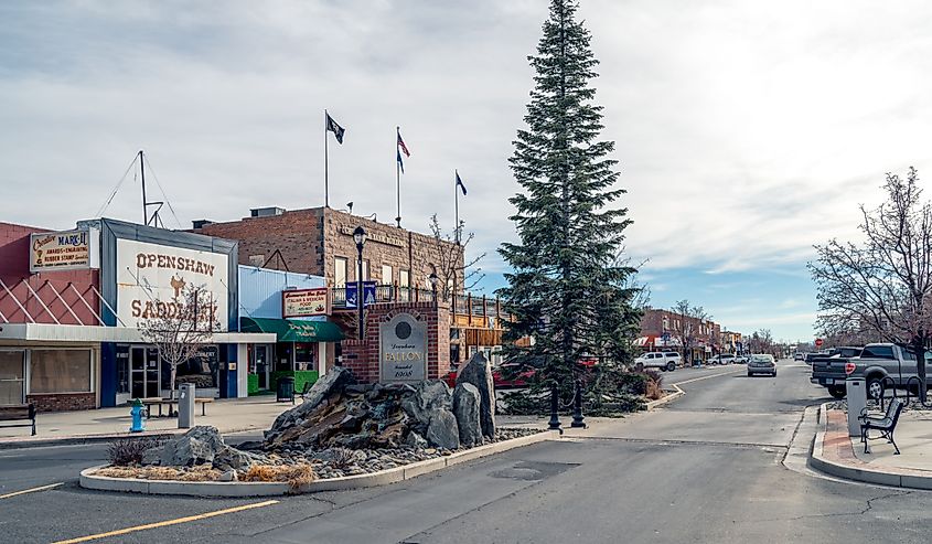 An exterior view of business and historic buildings in the downtown district of Fallon, Nevada