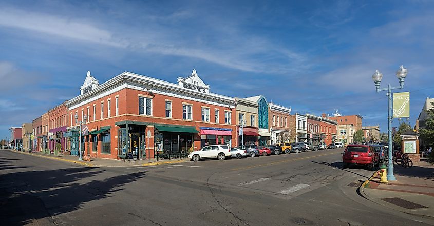 Panoramic view of downtown Laramie, Wyoming, USA, from the intersection of 1st Street and Grand Avenue.