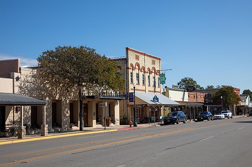 Old vintage buildings in western style and decoration in Boerne, Texas.