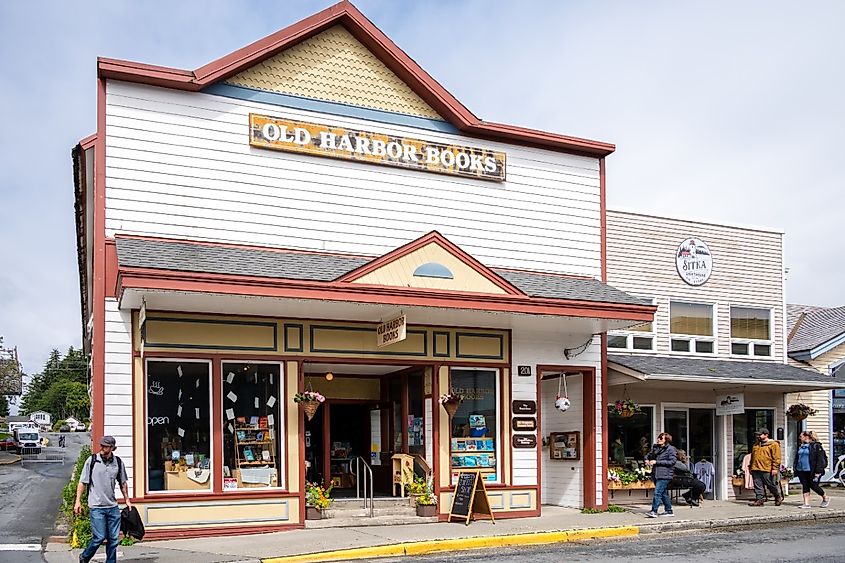 View of Sitka's historic main street. Old Harbor Books visible.