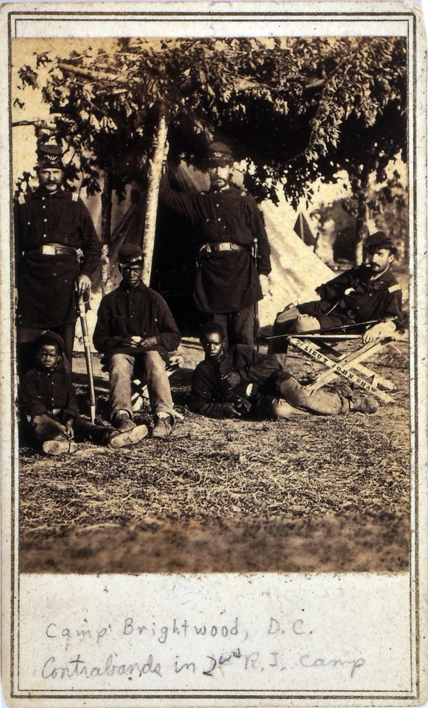The Civil War. Freed slaves ('contrabands') in the camp of the 2nd Regt. Rhode Island Volunteer Infantry. Washington, DC. cabinet card ca. 1861-1864