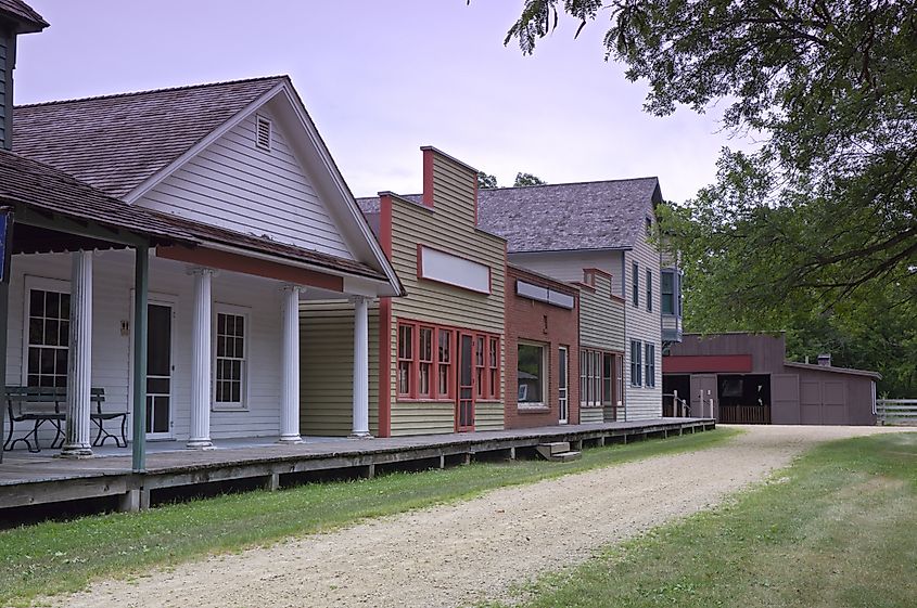 Preserved buildings of historic Stonefield Village in Cassville, Wisconsin.