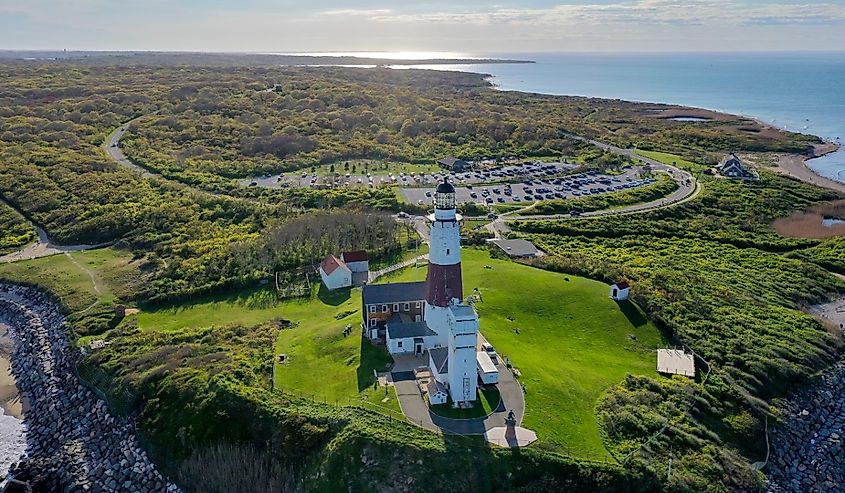 Aerial view of the Montauk Lighthouse and beach in Long Island, New York