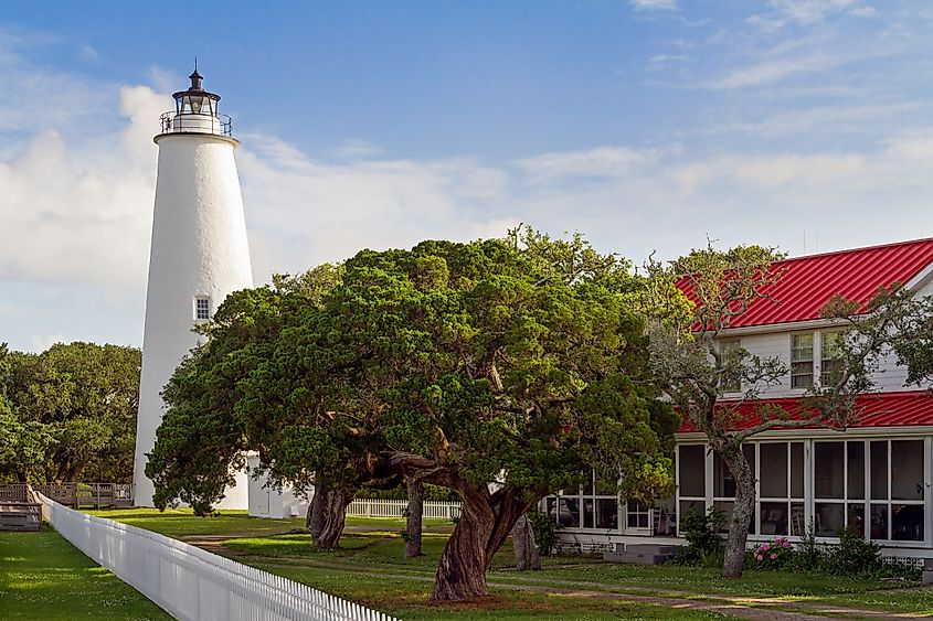 The Ocracoke Lighthouse and Keeper's Dwelling on Ocracoke Island of North Carolina's Outer Banks.