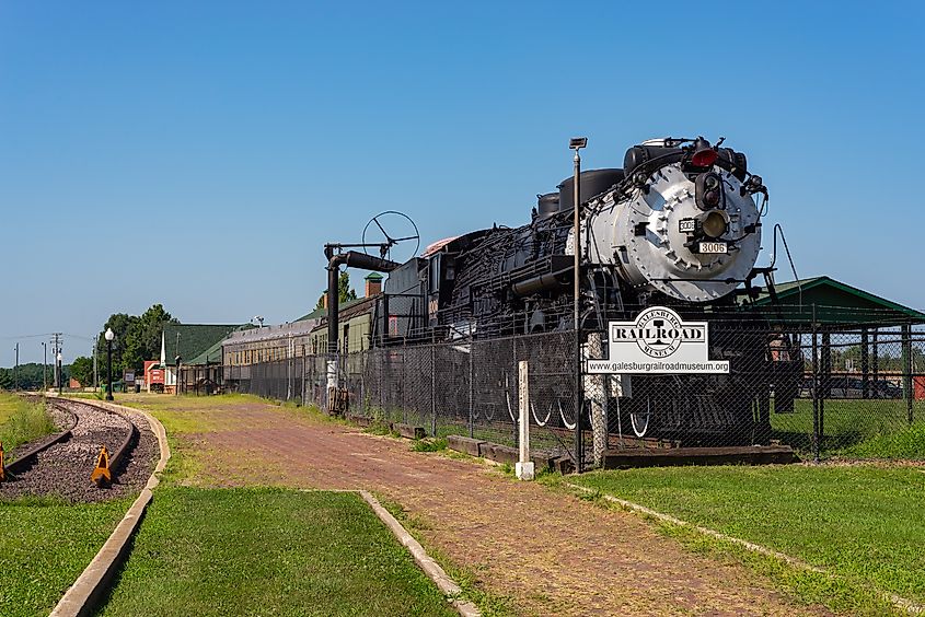 Old locomotive and train cars at the Galesburg Railroad Museum in Galesburg, Illinois