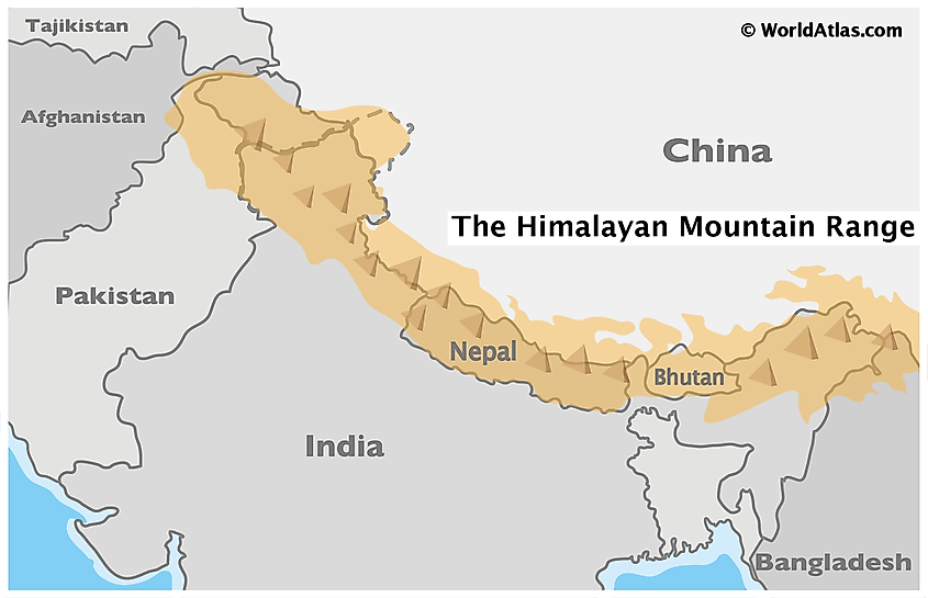 himalayan mountains on map