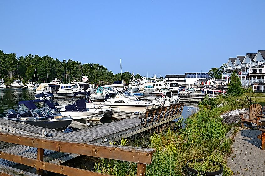 Boats in the harbor in Killarney, Ontario.