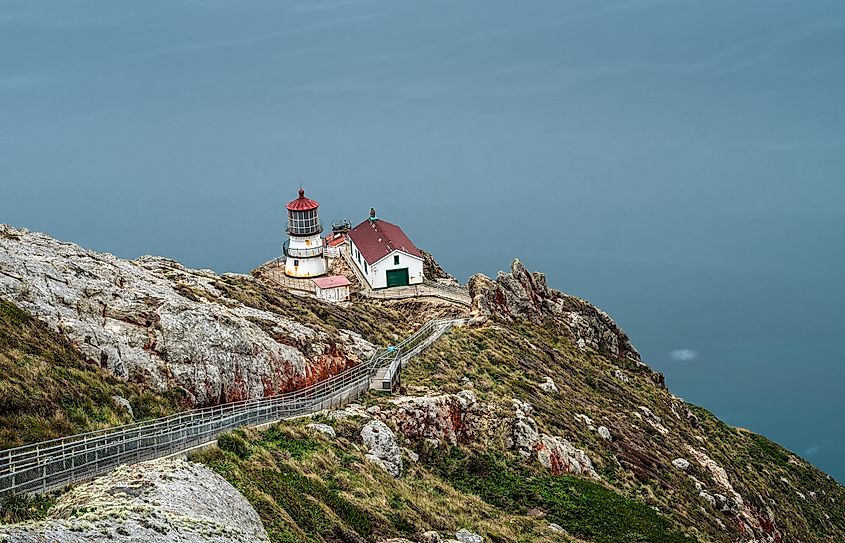 A steep staircase to the Point Reyes Lighthouse at the Point Reyes National Seashore, California.