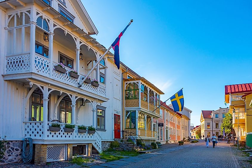 : Sunset view of a historical street in Marstrand, Sweden.