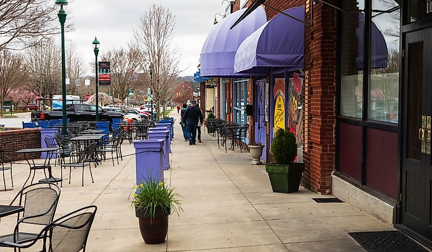 Main Street in Hendersonville, North Carolina on an early spring day.