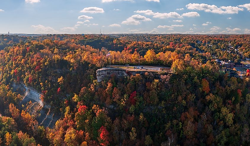 Aerial view of the Lovers Leap overlook in Hannibal Missouri with brilliant fall colors on the trees around the town.