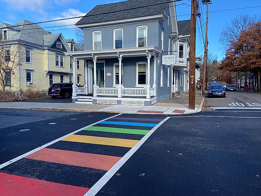 Gay Pride rainbow decorating a crosswalk in historic Stroudsburg, Pennsylvania.