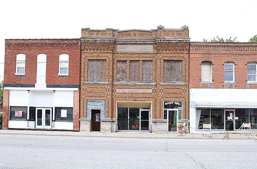 A view of the townscape with an old fire station building in York, Nebraska United States. 