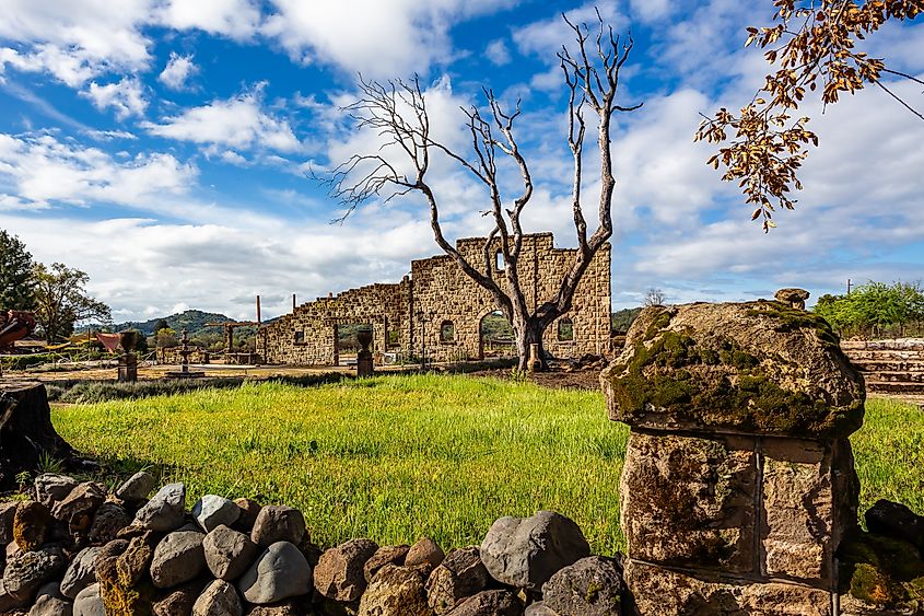 Ancient ruins-style property design of Soda Rock Winery in Healdsburg, California, USA.