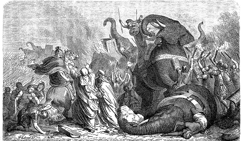 The war elephants of Pyrrhus at the battle of Asculum, 279 B.C. (Pyrrhic victory).