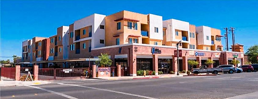 Residential square with shops in Imperial, California.