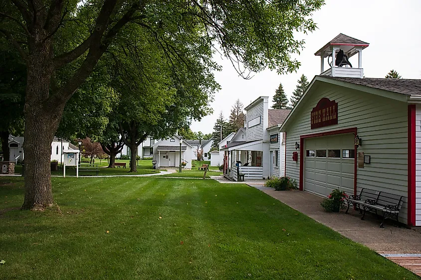 Colonial buildings at county fairgrounds in Owatonna, Minnesota.