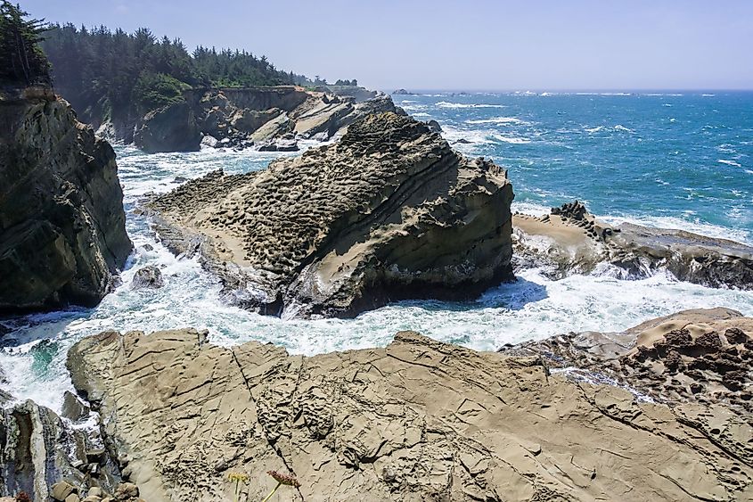 Rocky coastline with jagged cliffs jutting into a bright blue ocean. Dense forest tops the cliffs, and waves crash against the rugged shore. Calm, natural beauty.