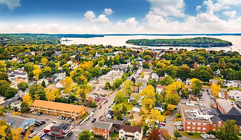 Aerial view of Bar Harbor, Maine. Bar Harbor is a town on Mount Desert Island in Hancock County, Maine and a popular tourist destination.