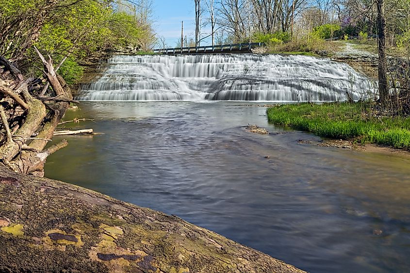 Thistlewaite Falls: A wide, cascading waterfall in Richmond, Indiana on the western border of Spring Grove.