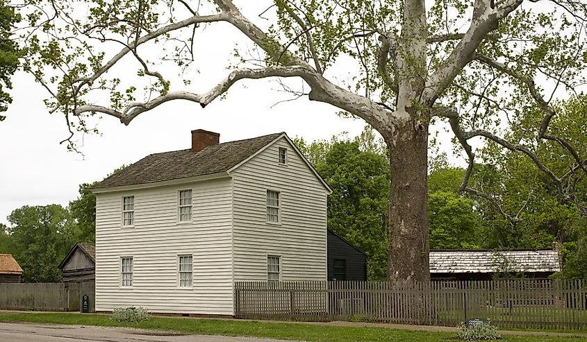 Lentz House, New Harmony, Indiana with a tree out front