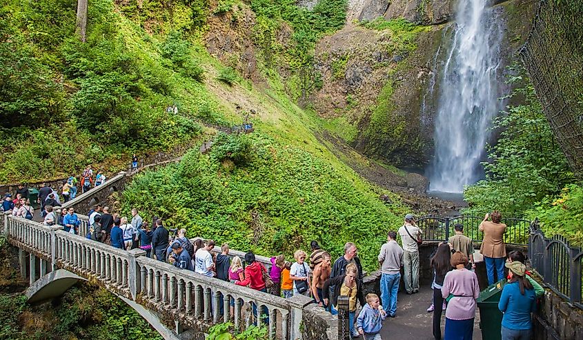 A crowd of tourists at the primary Multnomah Falls viewpoint, near Portland.