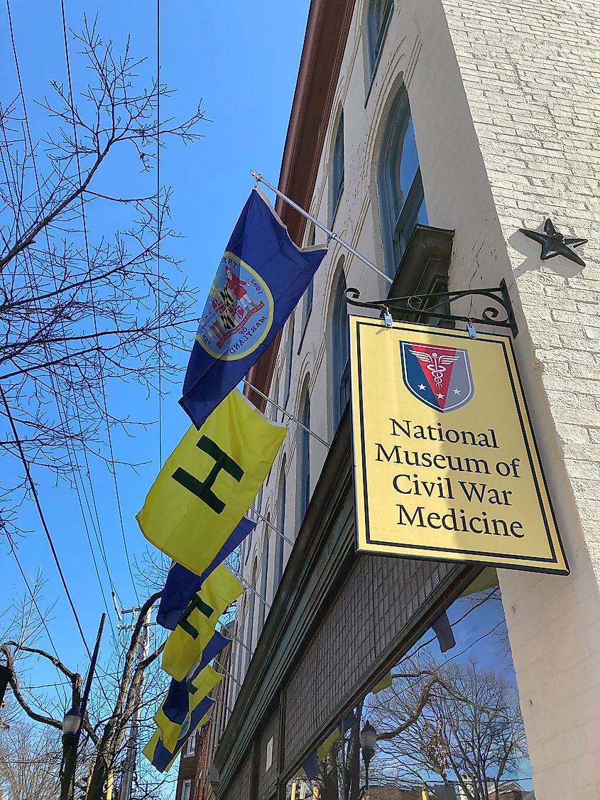 New logo and front sign for the National Museum of Civil War Medicine in Maryland, near Ladiesburg, featuring historical imagery and bold lettering.