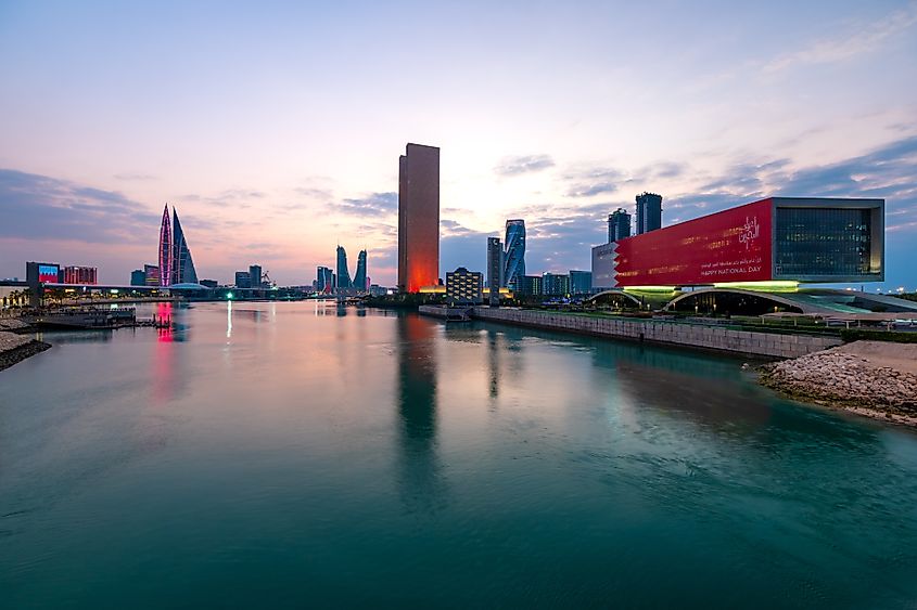 Bahrain's iconic building in Manama, captured at sunset.