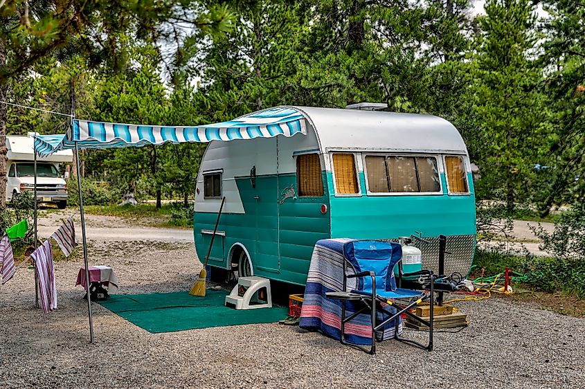 Nordegg, Alberta: Quaint recreational vehicle parked in a campsite at David Thompson Park in the Canadian Rocky Mountains