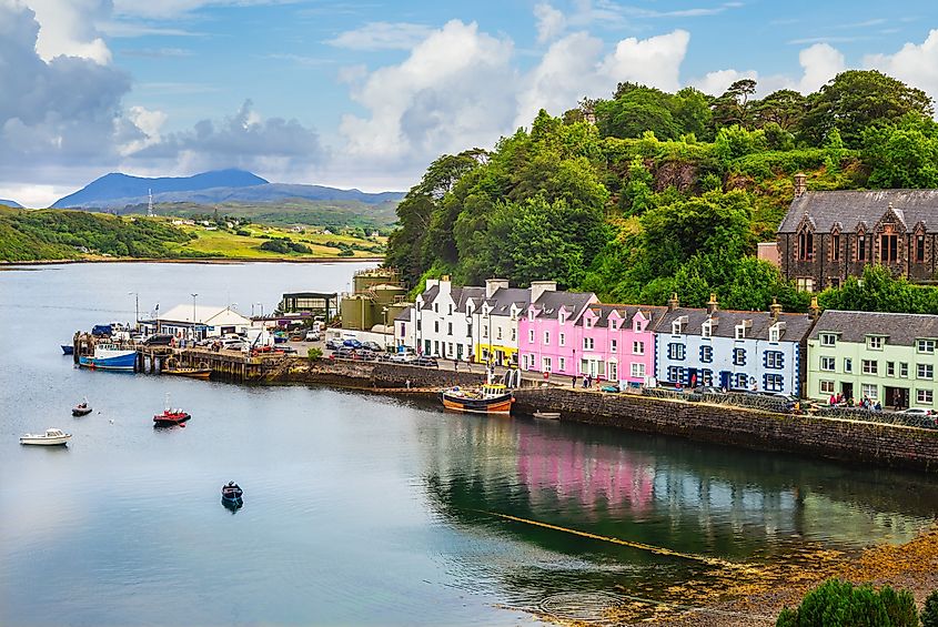 The scenic Portree harbor in Scotland, United Kingdom.