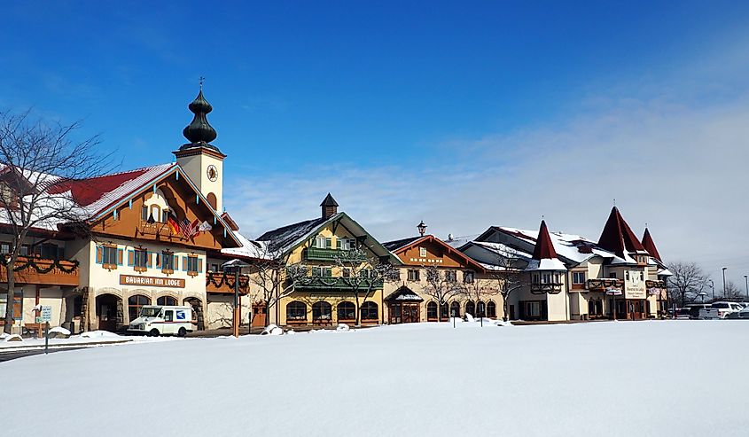 Bavarian-style houses of the Bavarian Inn center on a perfect winter day, Frankenmuth, Michigan.