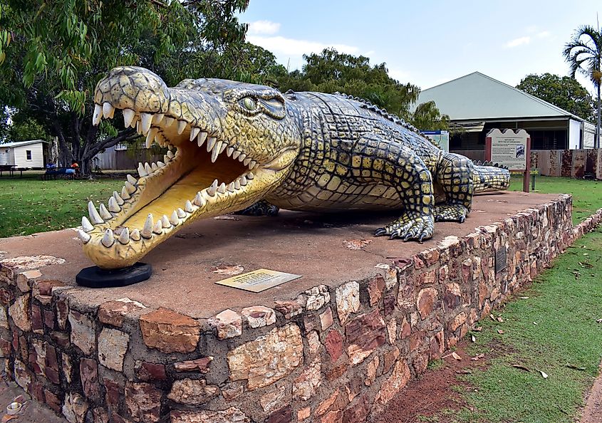 "Krys the Savannah King," an impression of the world's largest crocodile ever captured, measuring 8.63 meters long, in Normanton, Queensland, Australia.