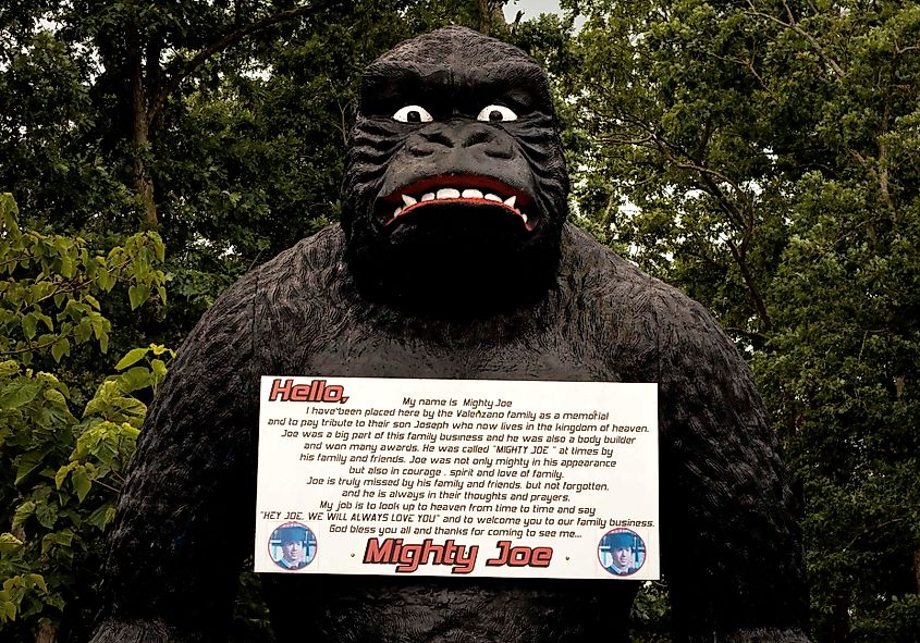 A 25-foot-tall fiberglass gorilla, Mighty Joe, serving as a memorial to a lost son